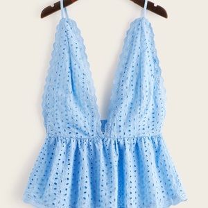 Eyelet Embroidery Deep V Neck Peplum Cami Top